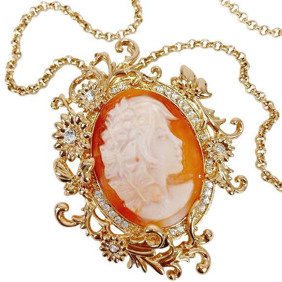 Amedeo Butterfly Lady Face Cameo Pendant Necklace Victorian Revival Brooch - Picture 1 of 15